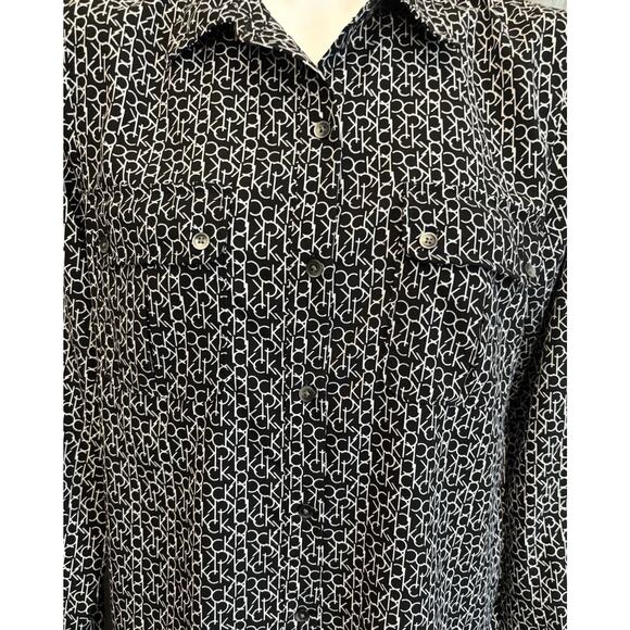 Calvin Klein Black & White CK All Over Logo Women's Long Sleeve Shirt Blouse M - Picture 6 of 16